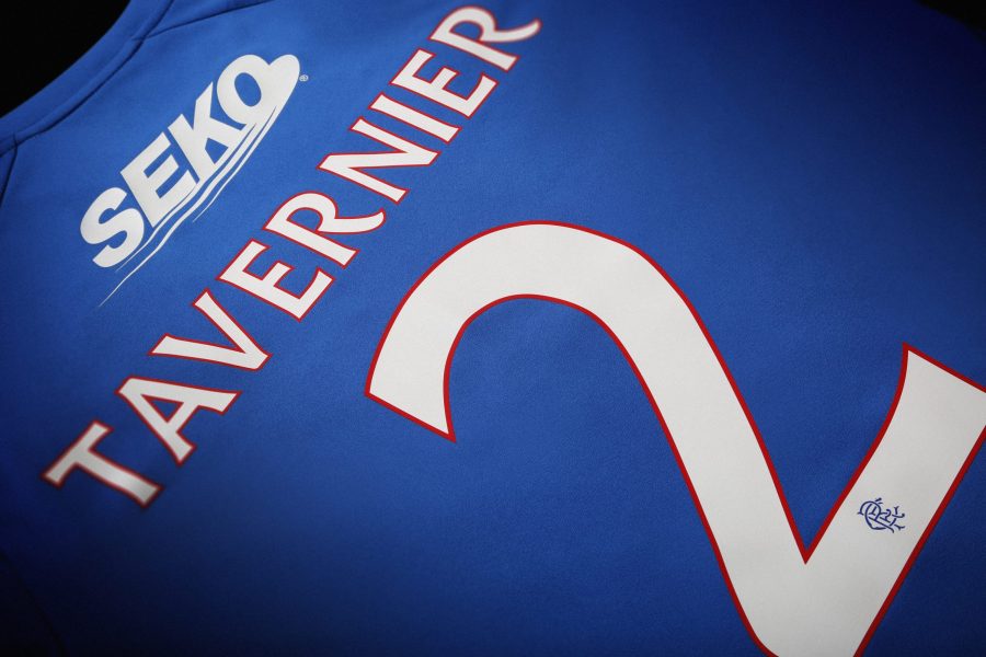 Image showing a blue Rangers FC jersey with the Rangers club font on the back manufactured by Elms
