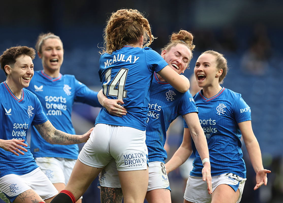 Image showing Rangers Women players celebrating in the official SWPL font